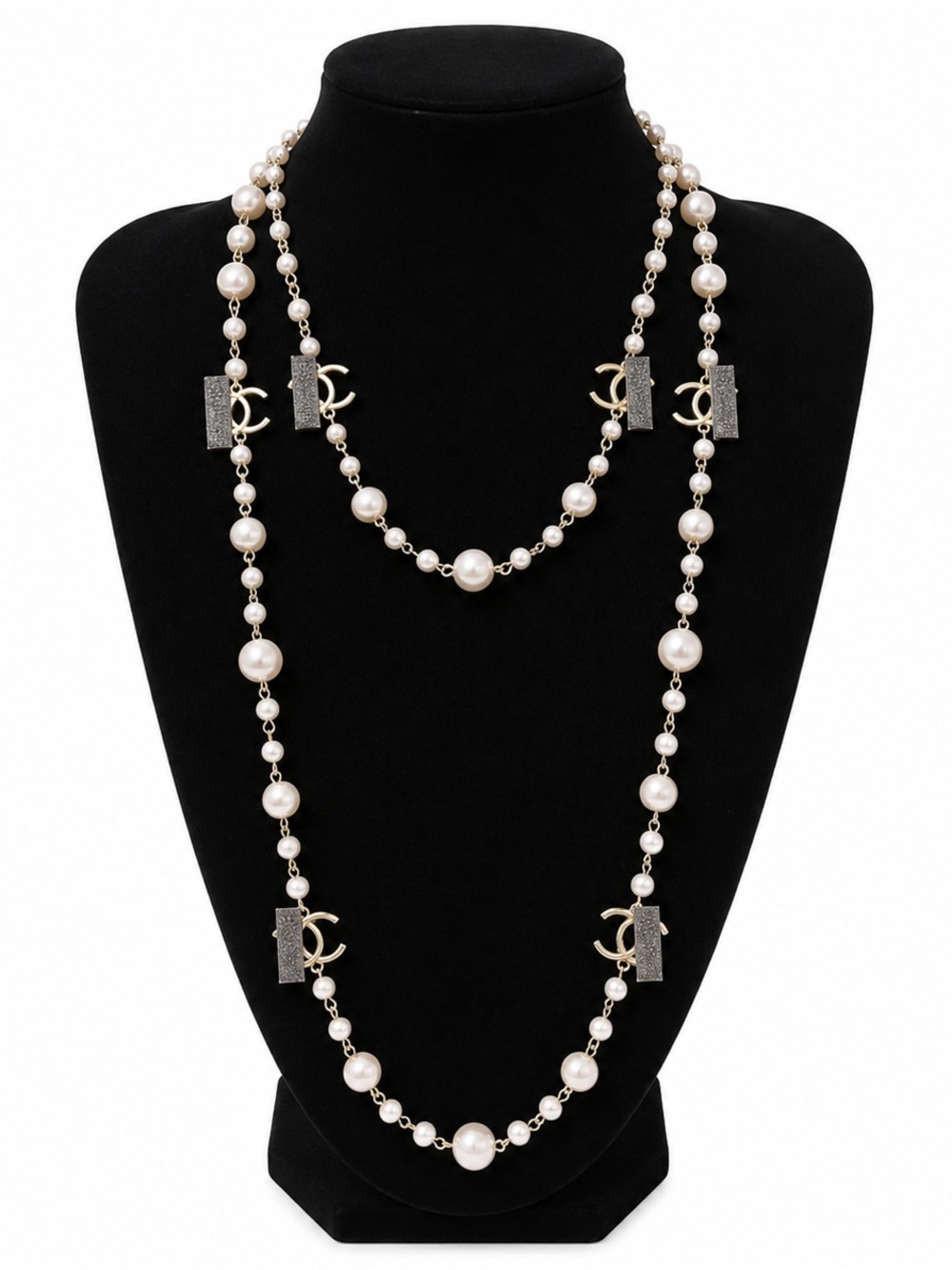CHANEL Pearl Long Double-Strand Necklace with Gold CC Accents - White
